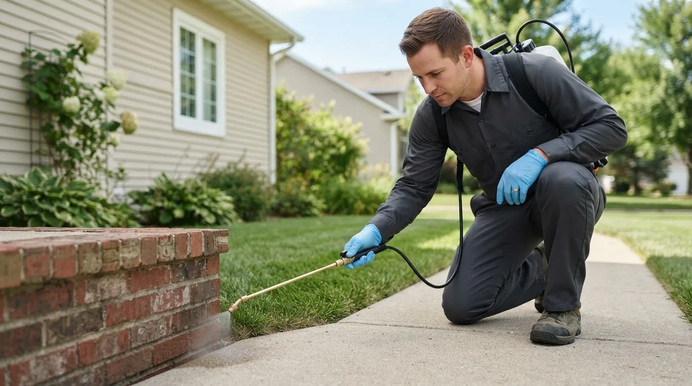 Pest control technician treating a home near Lancaster, CA